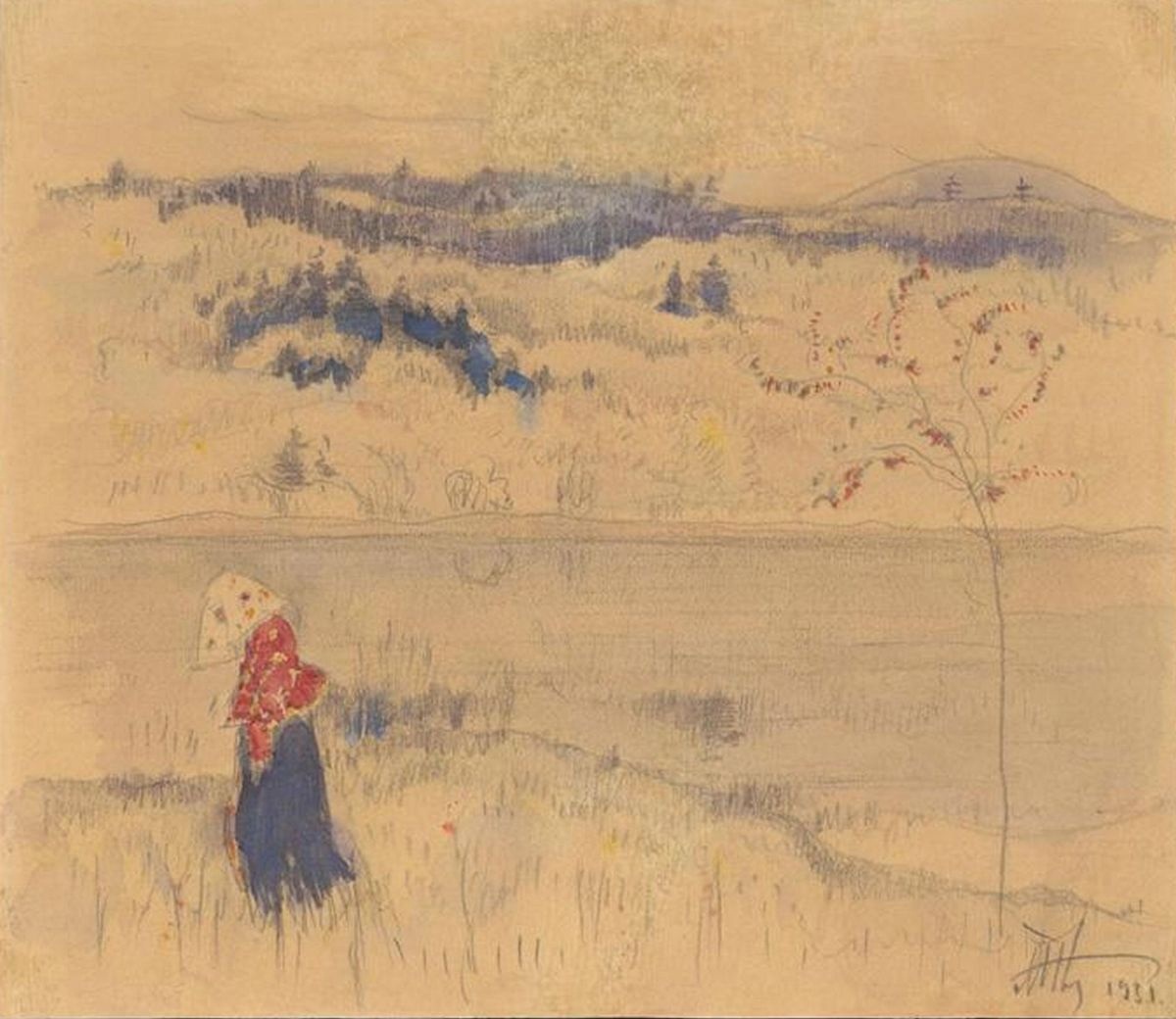 М.В. Нестеров. Ахтырка. Пейзаж с женской фигурой. 1931. Из собрания Музея-заповедника «Абрамцево»