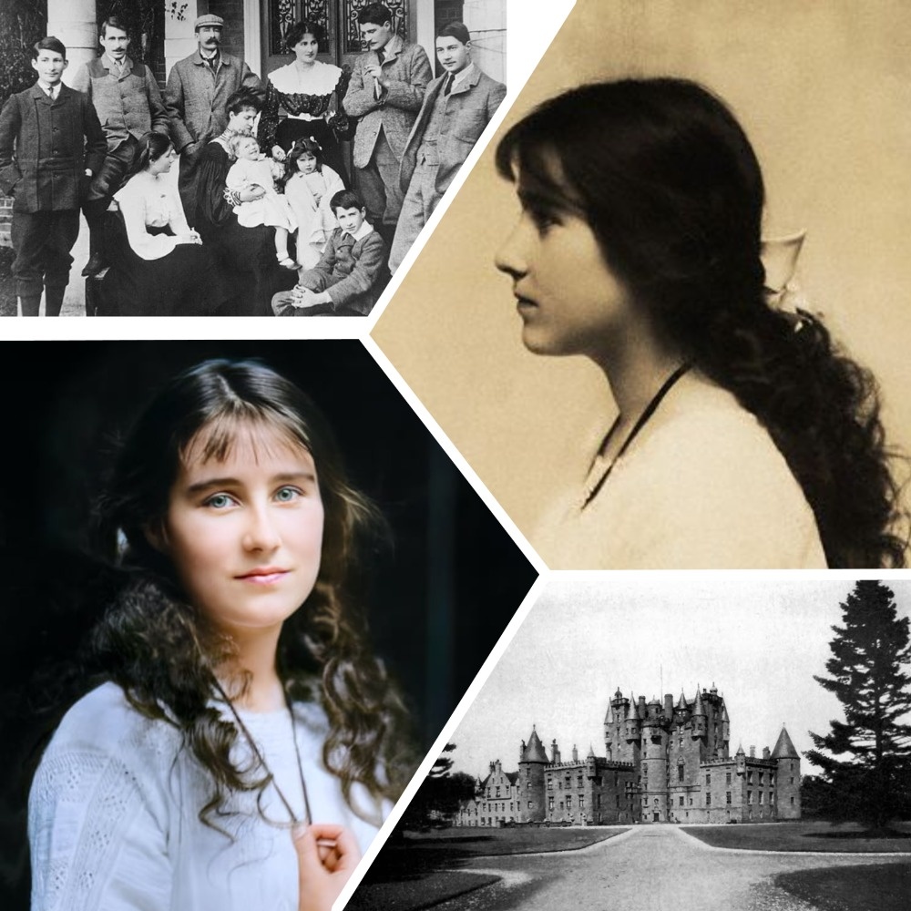 Елизавета в молодости с семьей. Замок Глэмис. На семейном фото - Фергус Боуз-Лайон, крайний слева, убит в битве при Лоосе в 1915 году, на ступенях дома семьи Боуз-Лайон. Принцесса Елизавета, впоследствии королева-мать, — темноволосая девушка вторая справа в первом ряду.