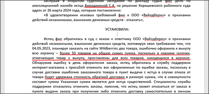 Фрагмент определения Хорошёвского районного суда Москвы по иску Бородихиной С.А. к "Вайлдберриз" // Скриншот с сайта mos-gorsud.ru