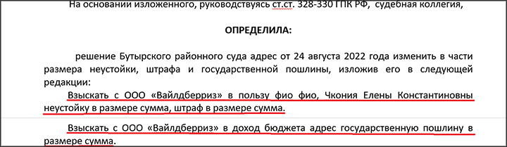 Фрагмент определения Бутырского районного суда Москвы по иску Чконии Д.Г., Чконии Е.К. к "Вайлдберриз" // Скриншот с сайта mos-gorsud.ru