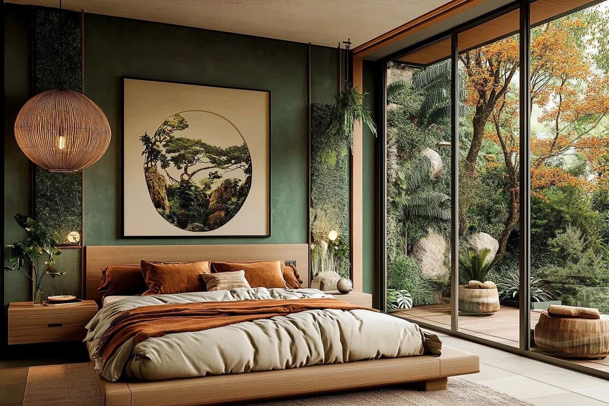 Биофильный интерьер спальни в загородном доме