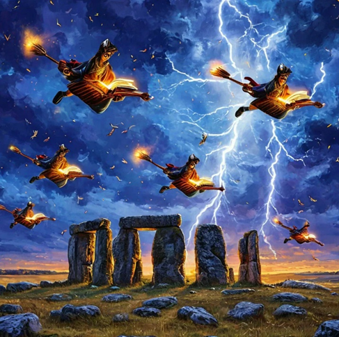 Учителя английского языка с учебниками кружат над Стоунхенджем.
(если что, это достопримечательность английская такая)
