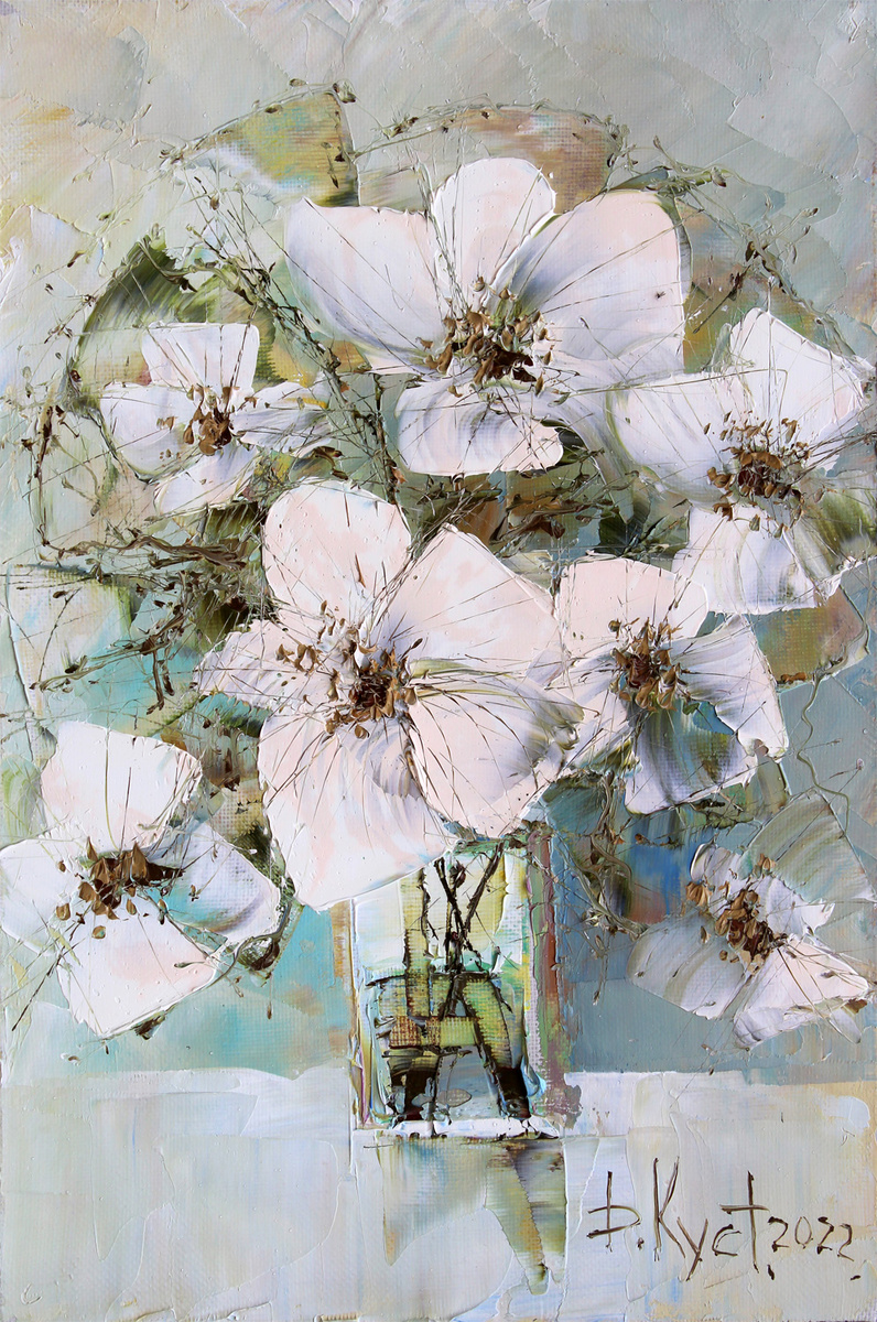 Художник Дмитрий Кустанович. Букет с белыми цветами, 45x30 см, холст, масло, 2022
