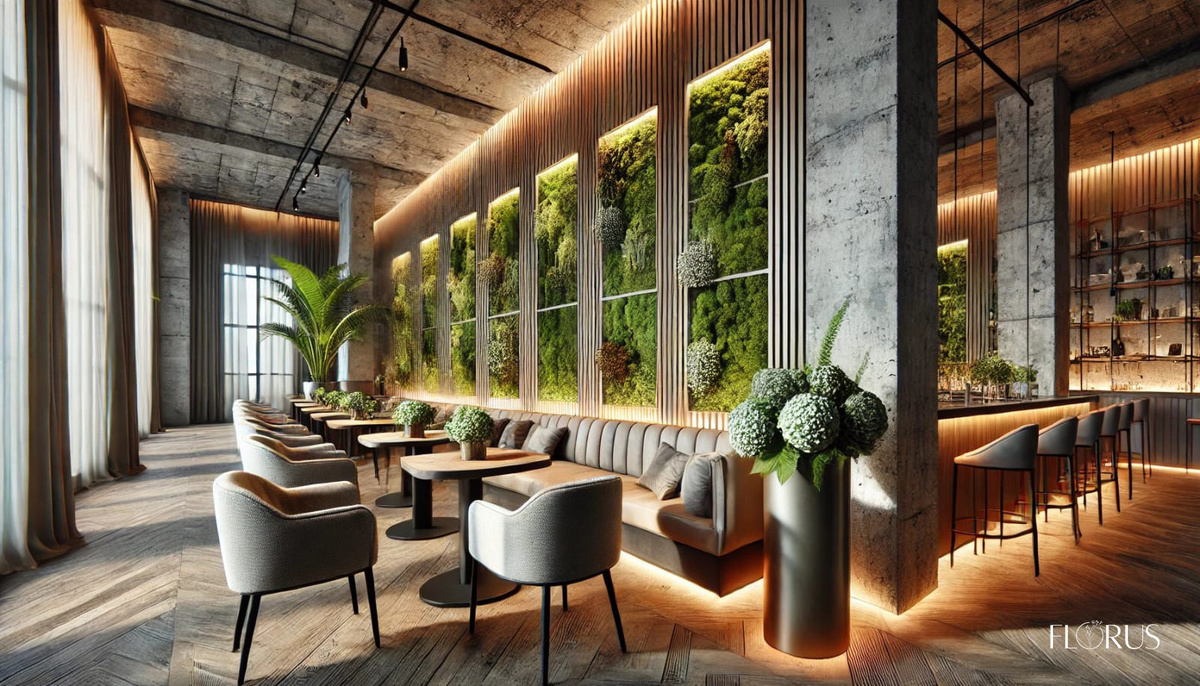 Озеленение ресторана искусственными оастениями и мхом
