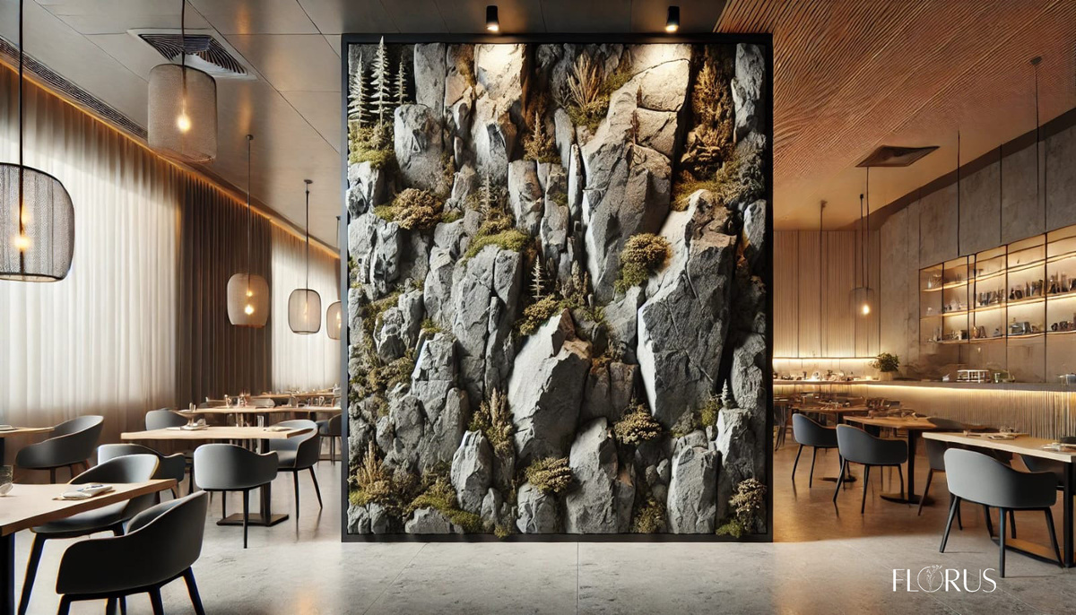 Скала из архитектурного бетона в ресторане для зонирования пространства