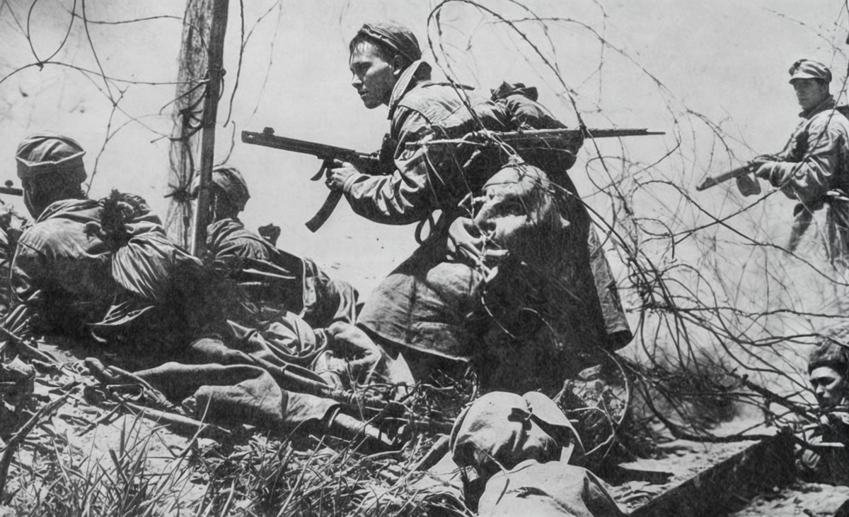 Иллюстрация к публикации. Советские бойцы пробираются через колючую провлоку наступая на противника. Источник Яндекс картинки