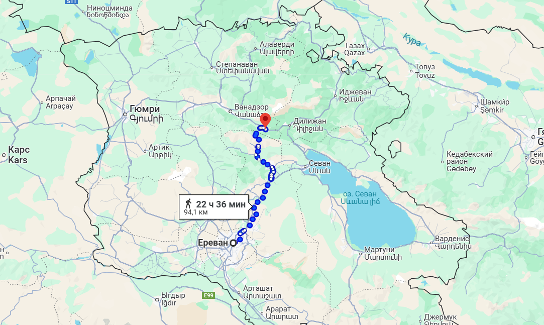 От Еревана до Фиолетово сто километров по прямой 