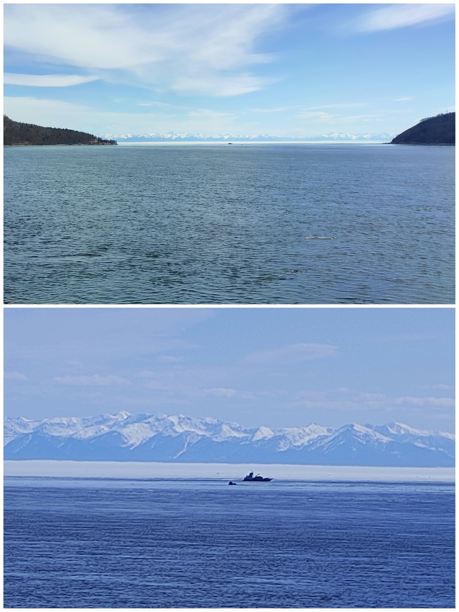 В конце апреля Байкал уже частично освободился от льда, но у подножия хребта Хамар-Дабан ещё искрится белый ковёр снега. (© Анна, «Маяк энерджайзера»)