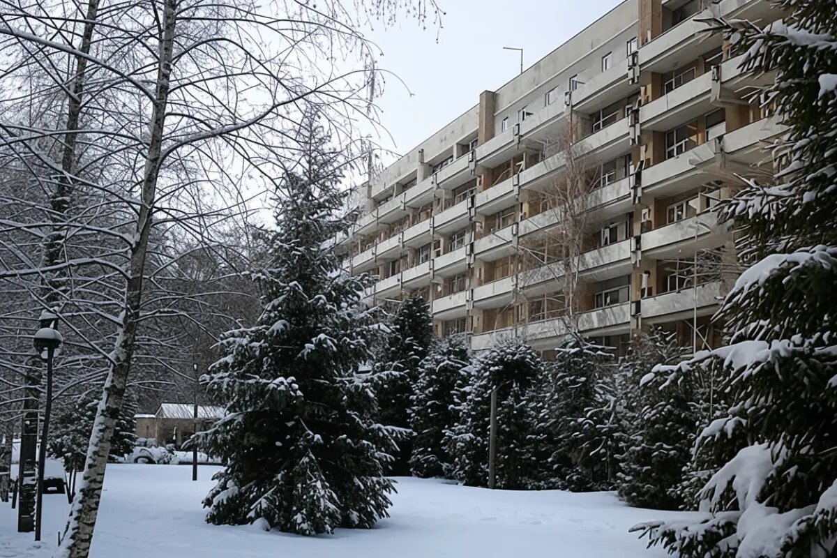 В 1988 году санаторий модернизировали: построили семиэтажный спально-лечебный корпус с пищеблоком, столовой, кинозалом и клубом. Сегодня он вмещает 320 коек и принимает больных туберкулёзом органов дыхания, мочеполовой, костно-суставной систем. Фото: «Лесное» / Яндекс Путешествия