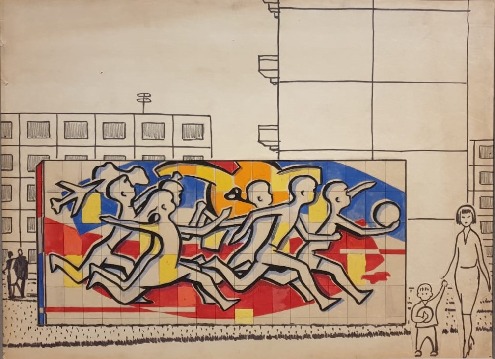 Евгений Аблин Роспись с группой бегущих детей для Новых Черемушек 1960-е бумага, темпера, карандаш, фломастер