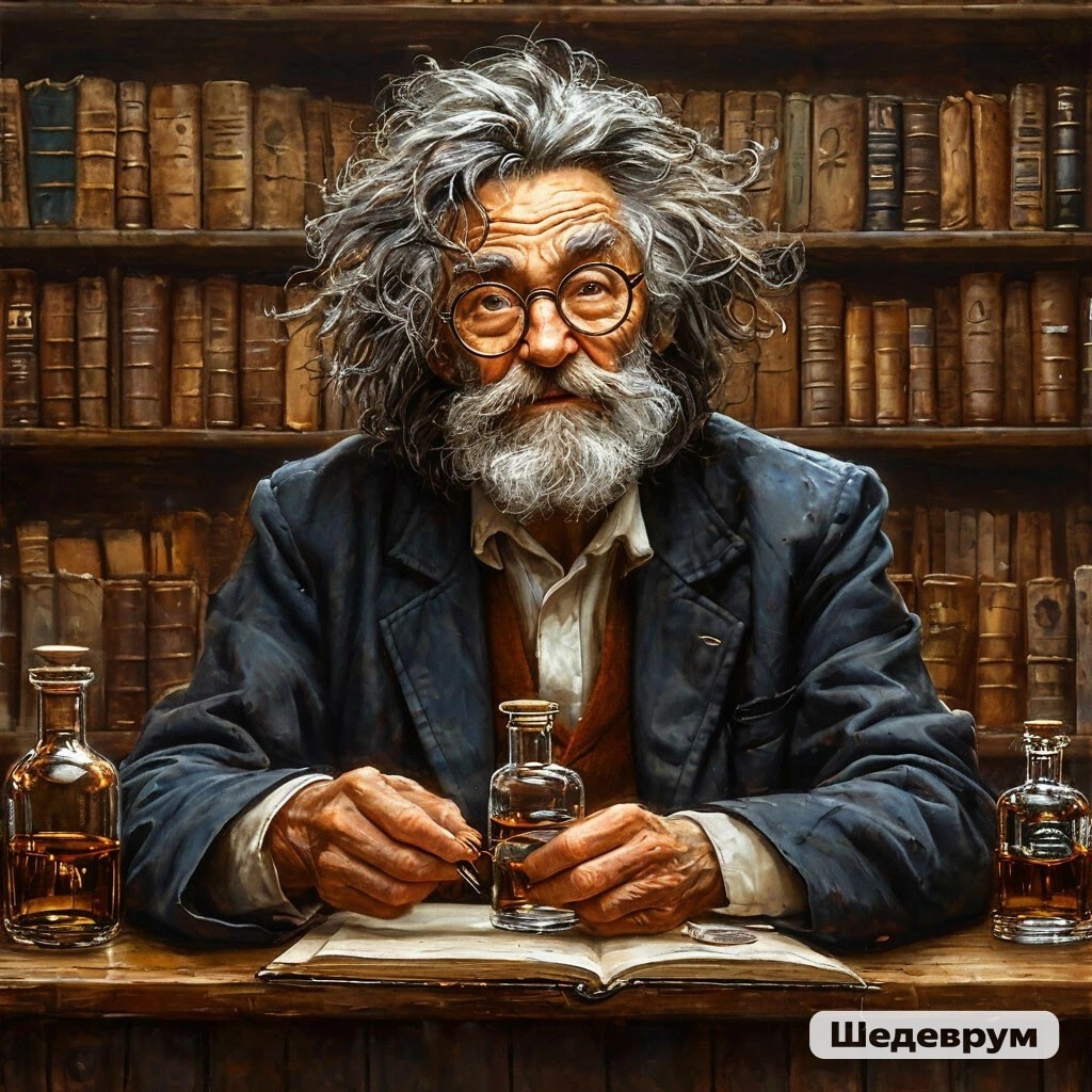 Профессор, придумавший элексир совершенства (сгенерировано Шедеврум)