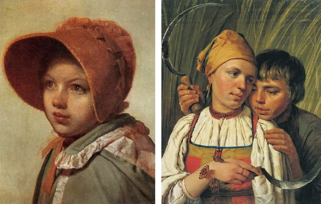 Слева: Портрет А.А. Венециановой, дочери художника. Справа: Жнецы, вторая половина 1820-х гг.
