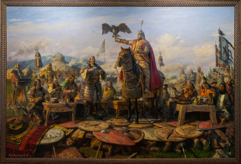    Вот та самая картина, которая вдохновляет Мухетдинова: "Пир монгольских военачальников Чингисхана во главе с Джэбэ и Субэдэем после победы над объединённым русско-половецким воинством на Калке 31 мая 1223 года". Художник И.К. Акжигитов//Скриншот страницы сайта dumrf.ru