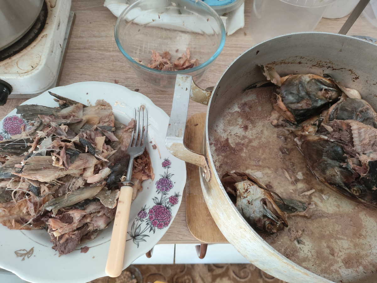 Три полных салатницы рыбы обратно в уху пошло... Колупаюсь...