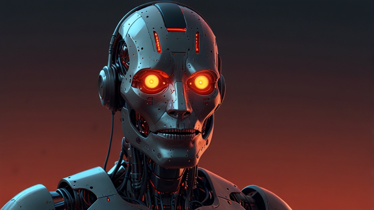 Робот с глазами, которые светятся тревожным красным светом