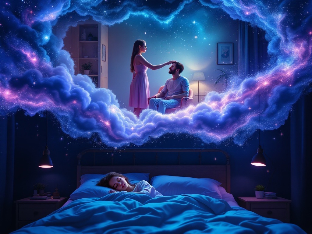    К чему такое снится: Женщина в комнате стоит рядом с мужчиной, который сидит на стуле. Она касается его лба, проверяя температуру. Обстановка в комнате нейтральная, ничего не указывает н