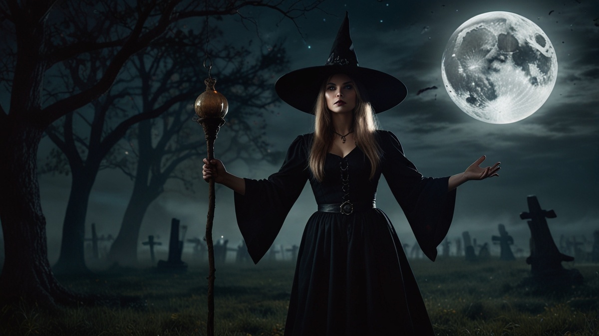 Образ ведьмы, произносящей заклинание под светом полной луны.