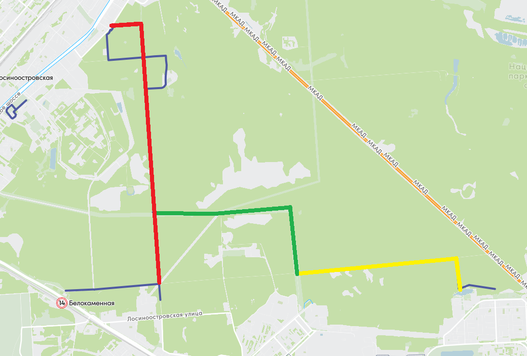 Карта велодорожки с отмеченными основными частями. Источник оригинала карты: mos.bike