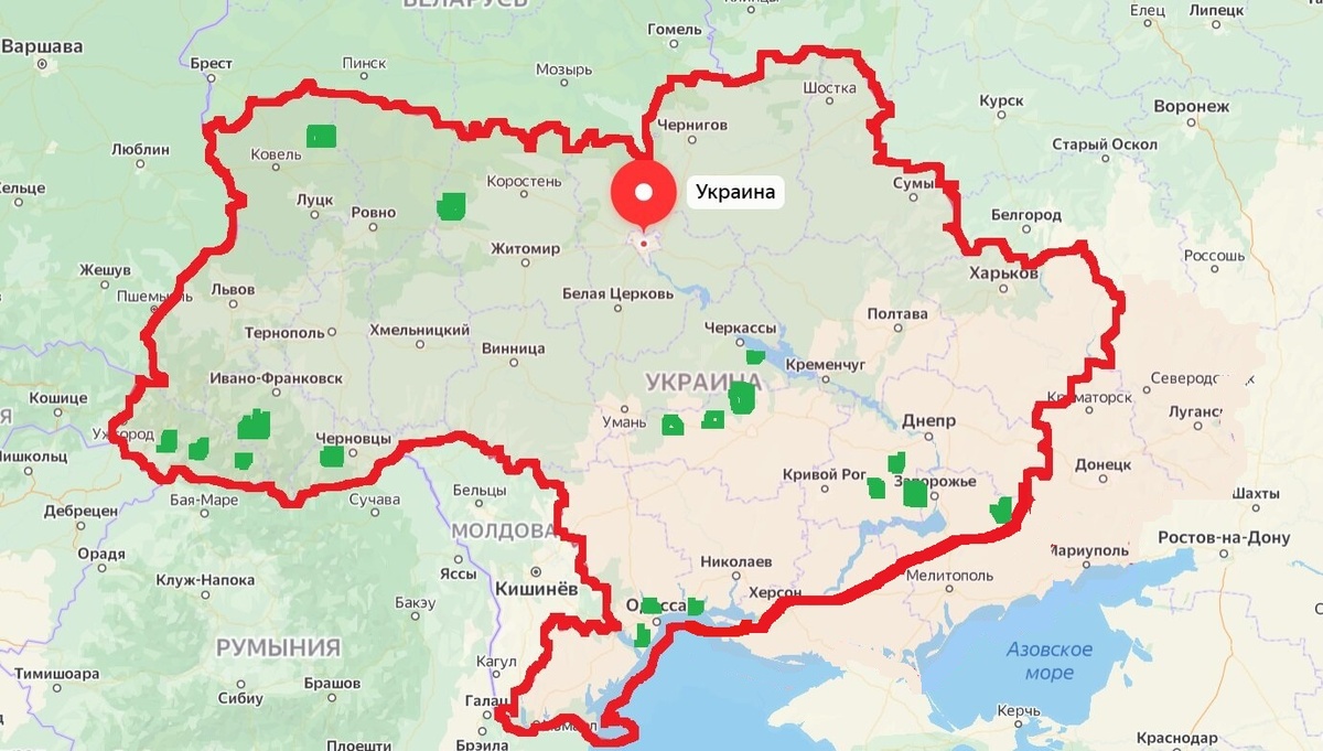 Зеленым цветом, на руинах Украины отмечены залежи золота.