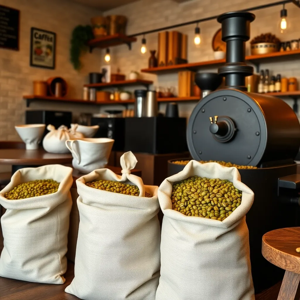 Мешки с зелёным кофейным зерном перед обжаркой