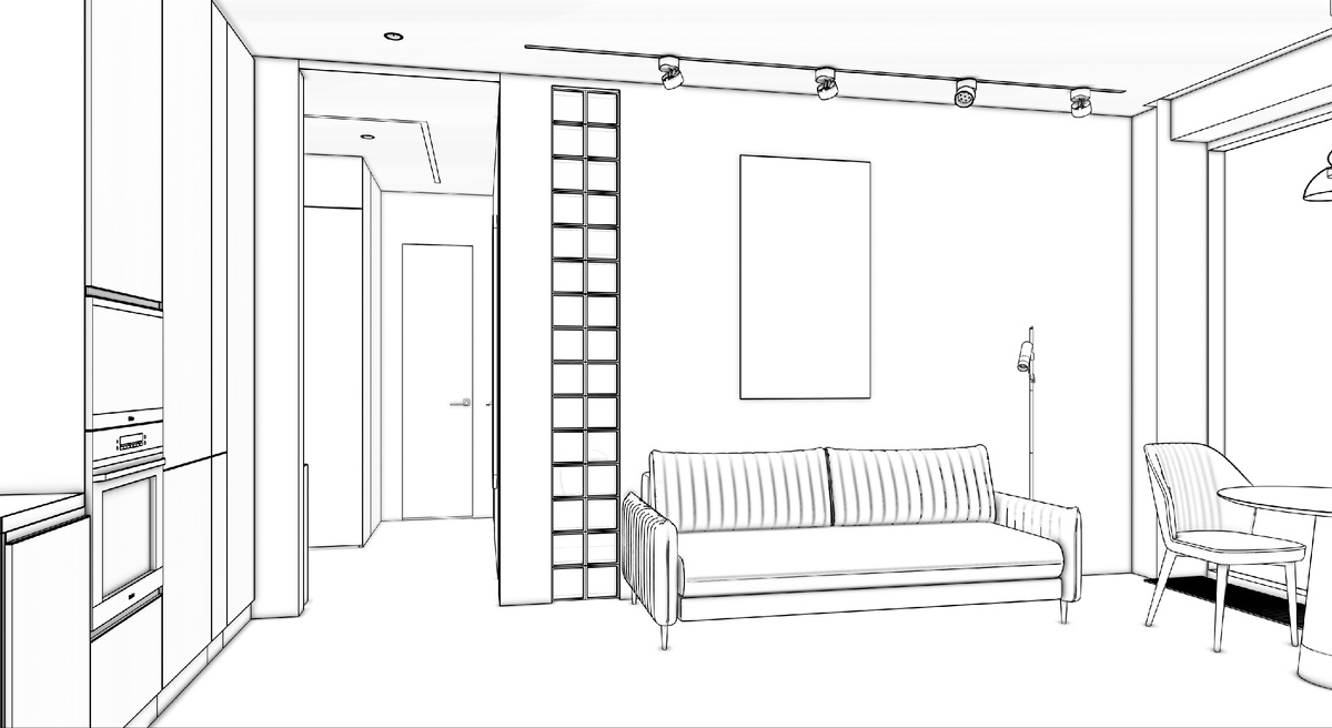 Контурный эскиз кухни-гостиной с видом на прихожую 