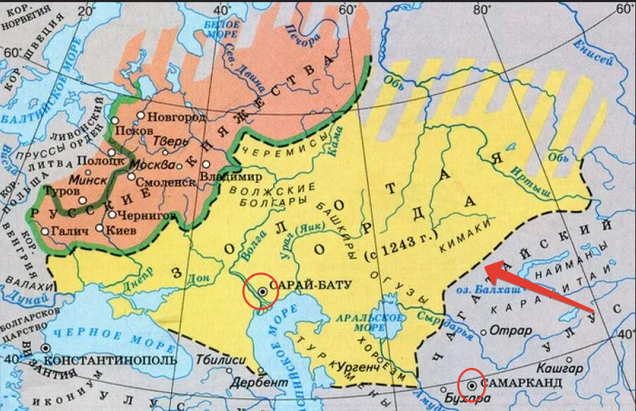 Золотая Орда и Эмират Тимуридов ( граница между ними стрелкой, кружками столицы)
