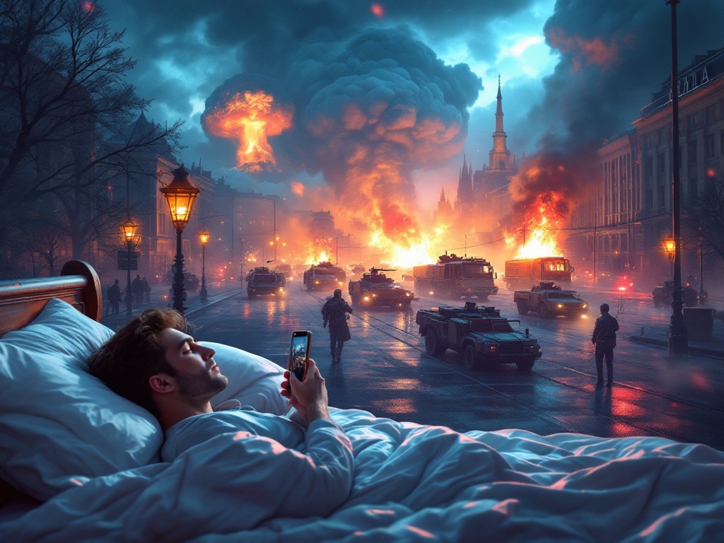    К чему такое снится: На картине изображена площадь Гагарина, где в небе видны грибовидные облака от взрывов. БТР и военные машины едут по площади, стреляют и поджигают трамвай. В центре