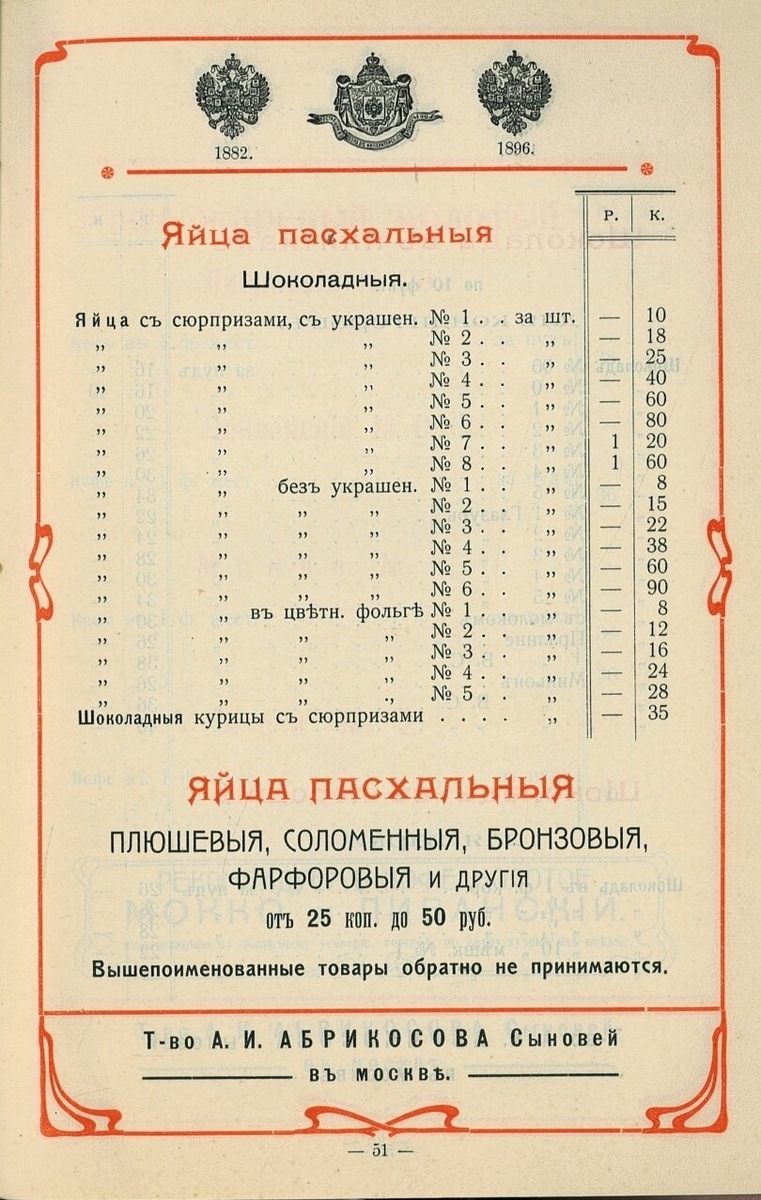 Ассортимент и цена шоколадных яиц от фабрики "Товарищества Абрикосова и сыновей". Обратите внимание, что в ассортименте имелись даже шоколадные курицы с сюрпризами. Также интересно, что некоторые шоколадные яйца стоили дороже, чем фарфоровые. Оптовый прейскурант 1911 года. Отсюда: https://humus.livejournal.com