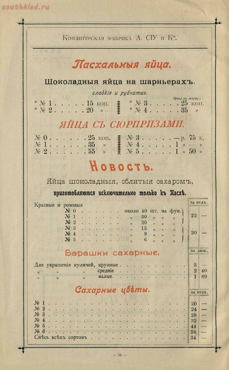 Ассортимент шоколадных яиц с сюрпризами в прейскуранте фабрики "СИУ и Ко", 1900. Отсюда: https://southklad.ru
