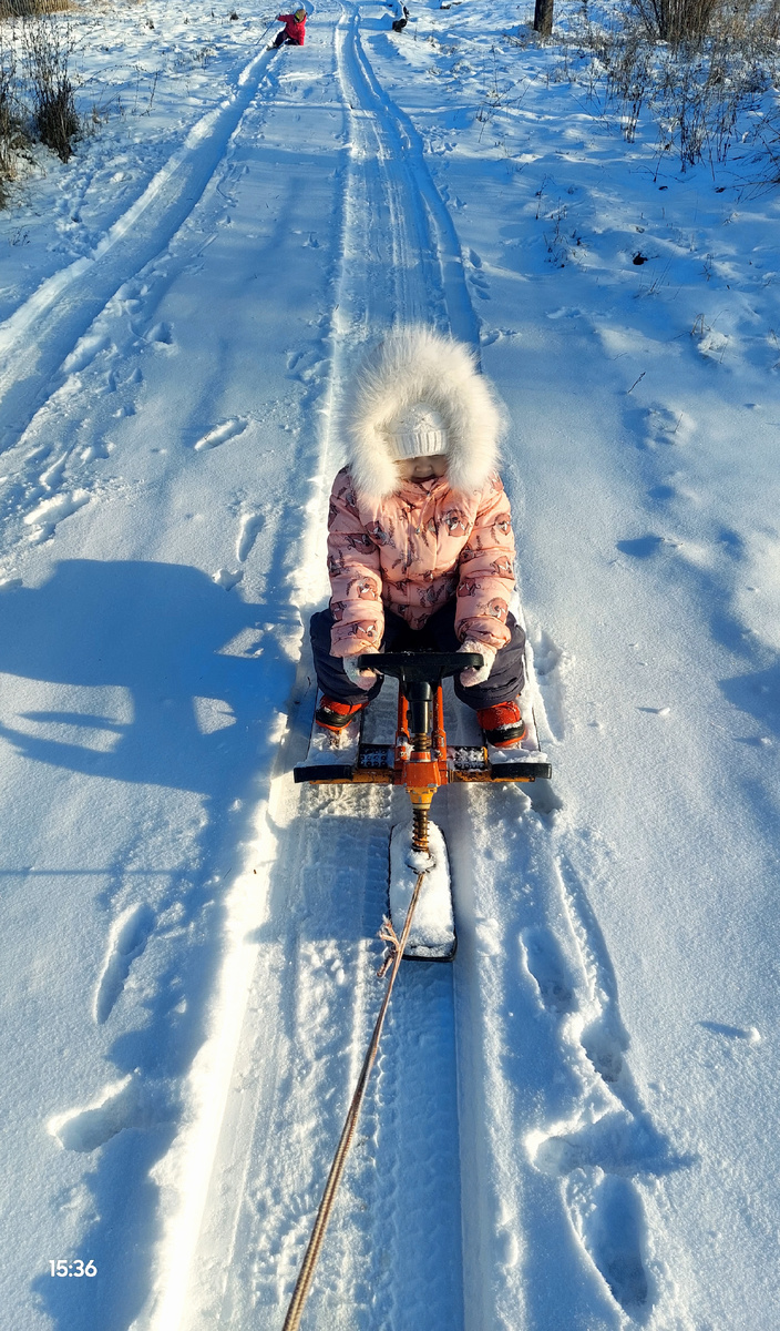 Варя на заднем фоне падает, а мы с Тоней катаемся на снегокате - дочь едет, я везу