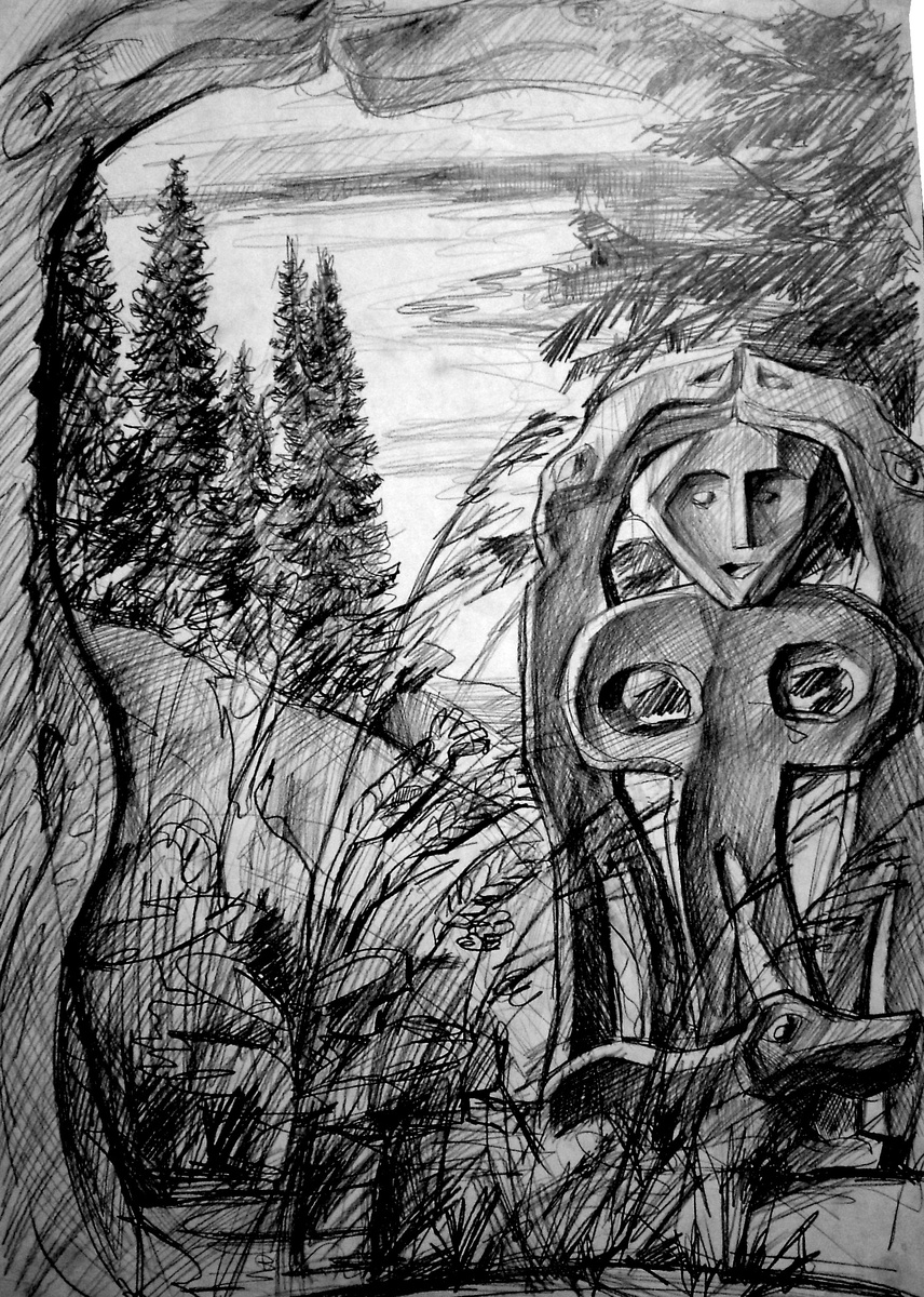 «Чуди» (из серии графики художника-краеведа А. Г. Вороны), 2004 г.
Отражение подземного мира на найденных археологами медных и бронзовых украшениях связано с высоким качеством горных работ чудских племен и имеет реалистический характер: древняя чудь не только находила ископаемых ящеров, но и изображала человека стоящим на ящере или оседлавшим его / © Wikimedia