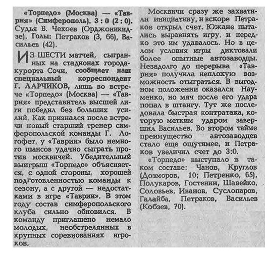 "Советский спорт", № 47 (11066), пятница, 24 февраля 1984 г. С. 3. См. https://torpedo-arhiv.livejournal.com/705607.html