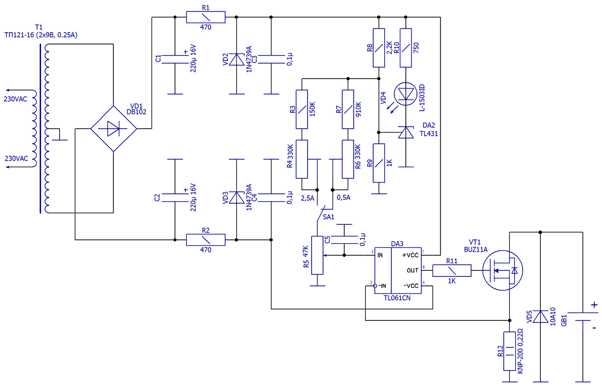 Схема электрическая принципиальная разрядки АКБ 0,5/2,5 А