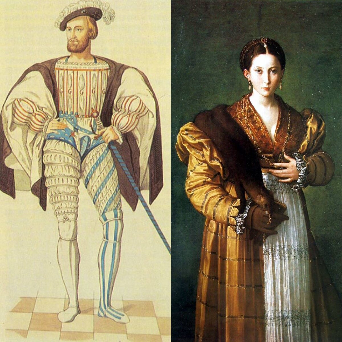 Мужской и женский костюмы XVI века. Источники изображений: ljplus.ru, commons.wikimedia.org.