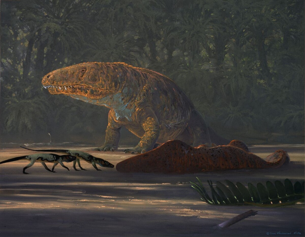 Две эупаркерии (слева) и эритрозух (посередине) собрались у умершего трематозуха (справа). 