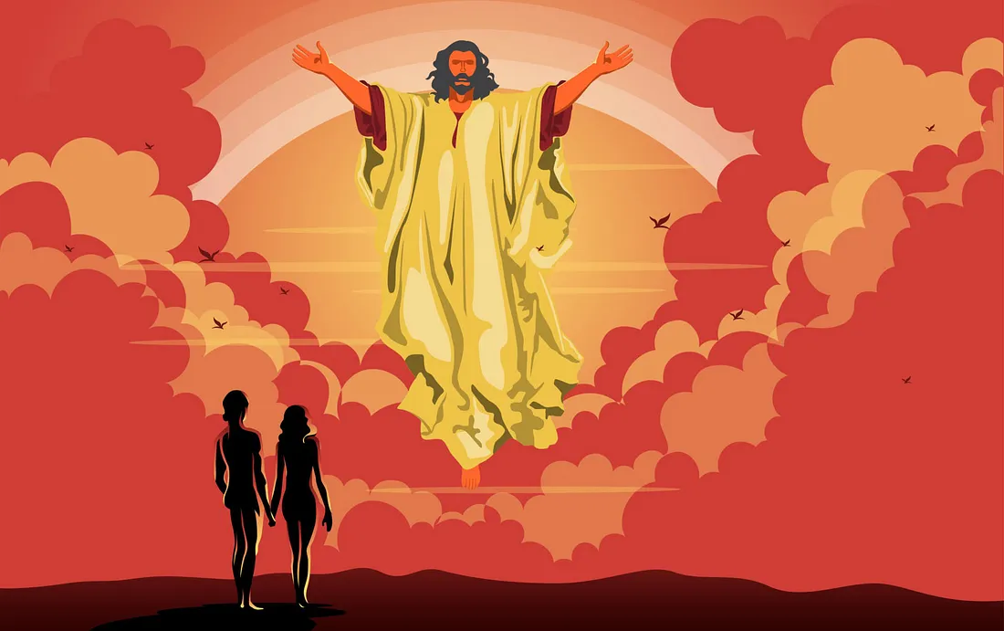 Цифровая иллюстрация Адама и Евы вместе с Иисусом