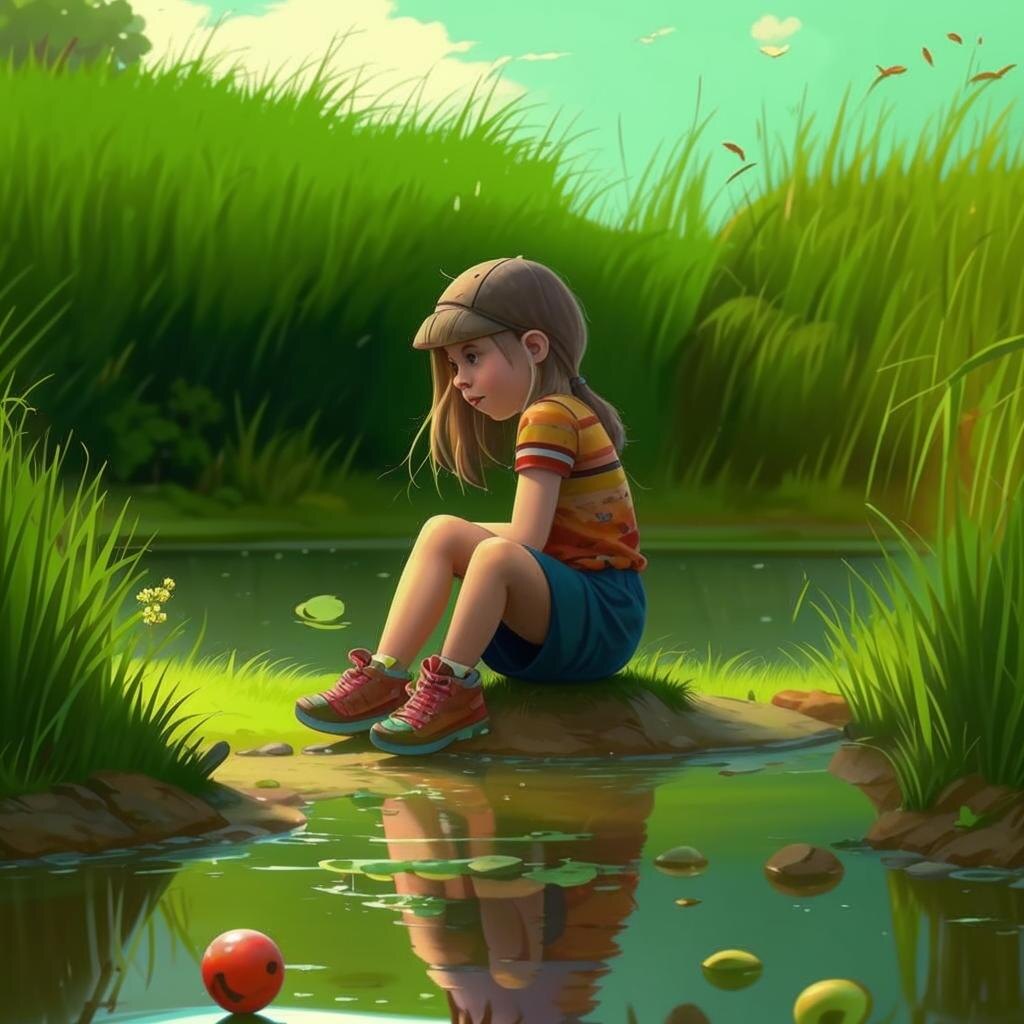 Таня уронила в речку мячик