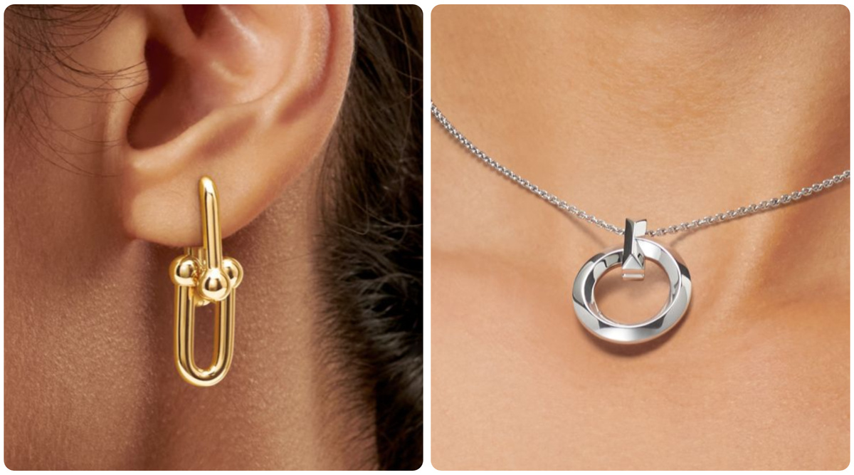 Фото взяты из источника коллекция Tiffany: https://www.tiffany.com/jewelry/necklaces-pendants/tiffany-t-t1-circle-pendant-70997312/ https://www.tiffany.com/jewelry/earrings/tiffany-hardwear-large-link-earrings-68533651/