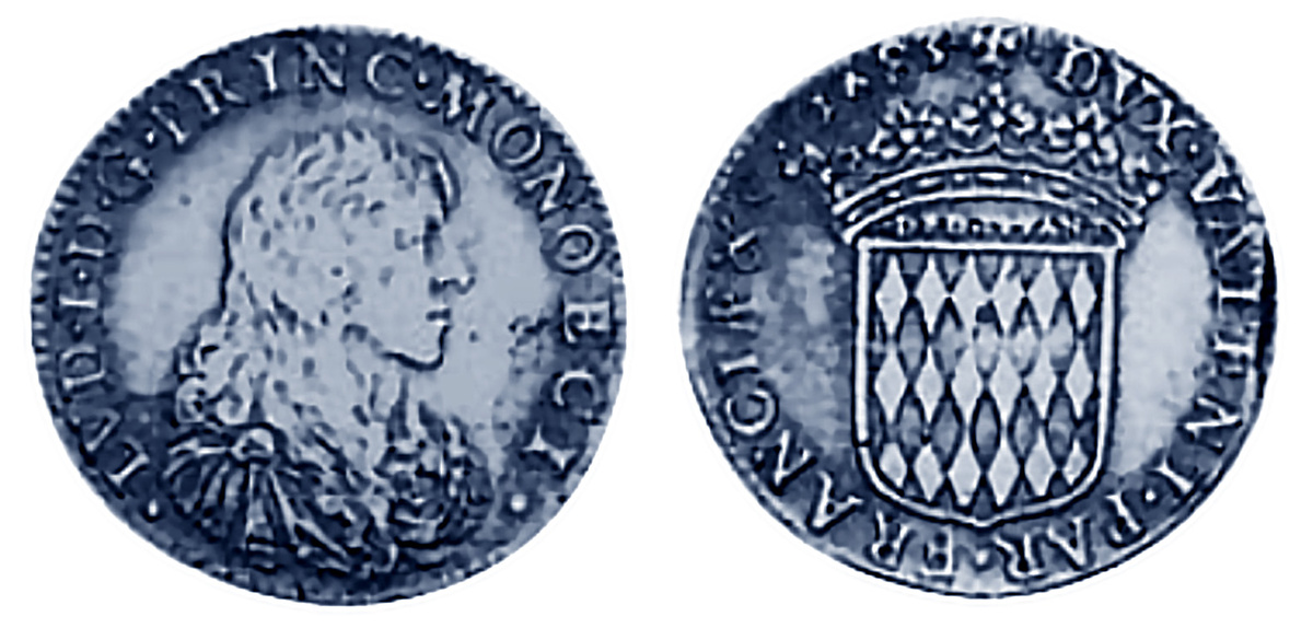 Монако. 3 соль 1673 из низкопробного серебра (биллона). 