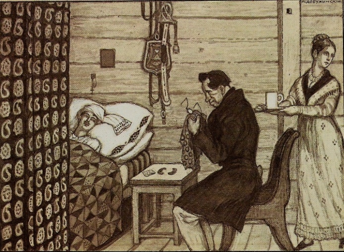 М.В. Добужинский. Иллюстрация к повести "Станционный смотритель". Болезнь Минского. 1905 г.