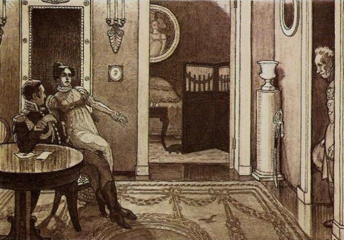 М.В. Добужинский. Иллюстрация к повести "Станционный смотритель". Вырин в доме Минского. 1905 г.