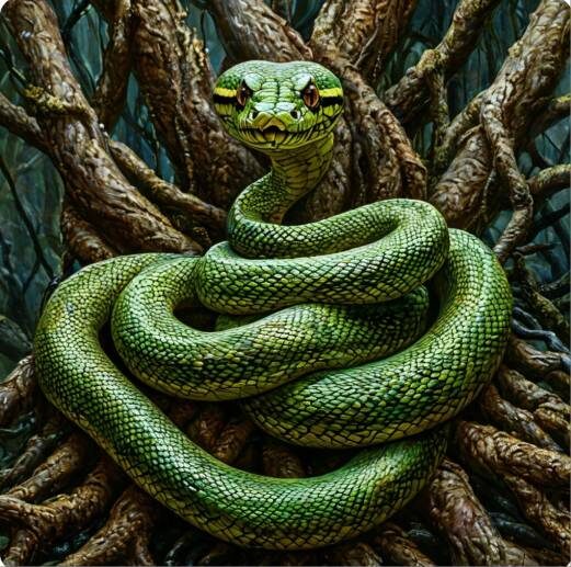 Зелёная Змея на троне из корней деревьев