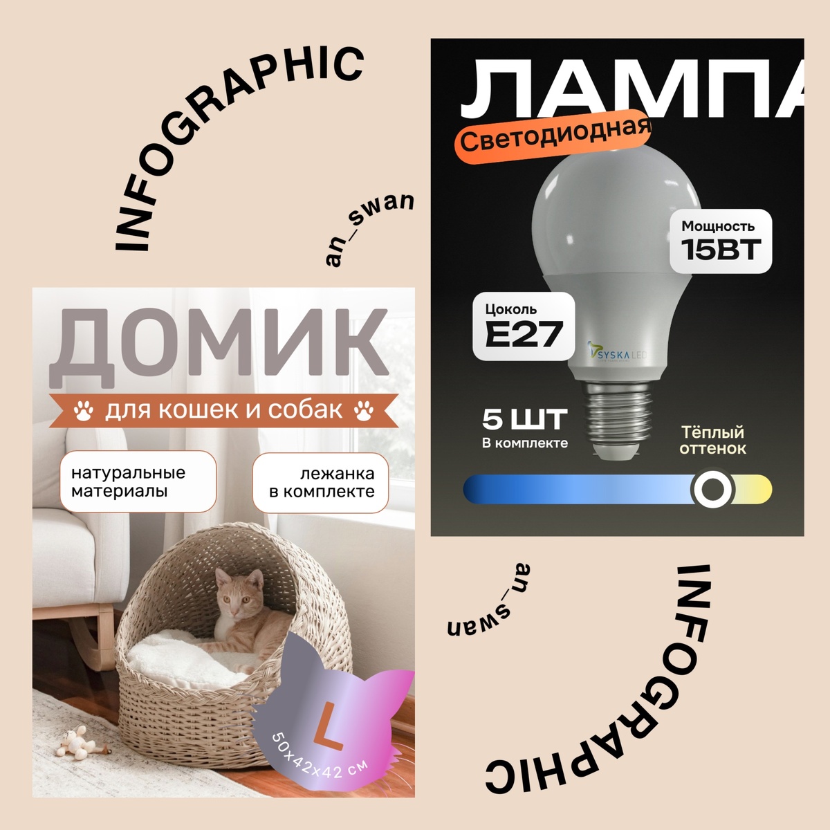 Примеры инфографики с домом для питомца и лампой