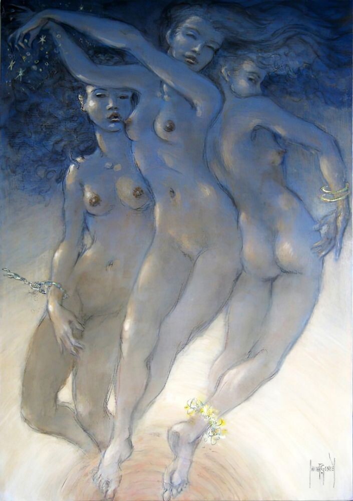 КАРТИНА ФРАНЦУЗСКОГО ХУДОЖНИКА ФРАНСИСА ДЕ ЛАССЮ СЕН-ЖЕНЬЕС / 1925 -2018 / ТРИ ГРАЦИИ "