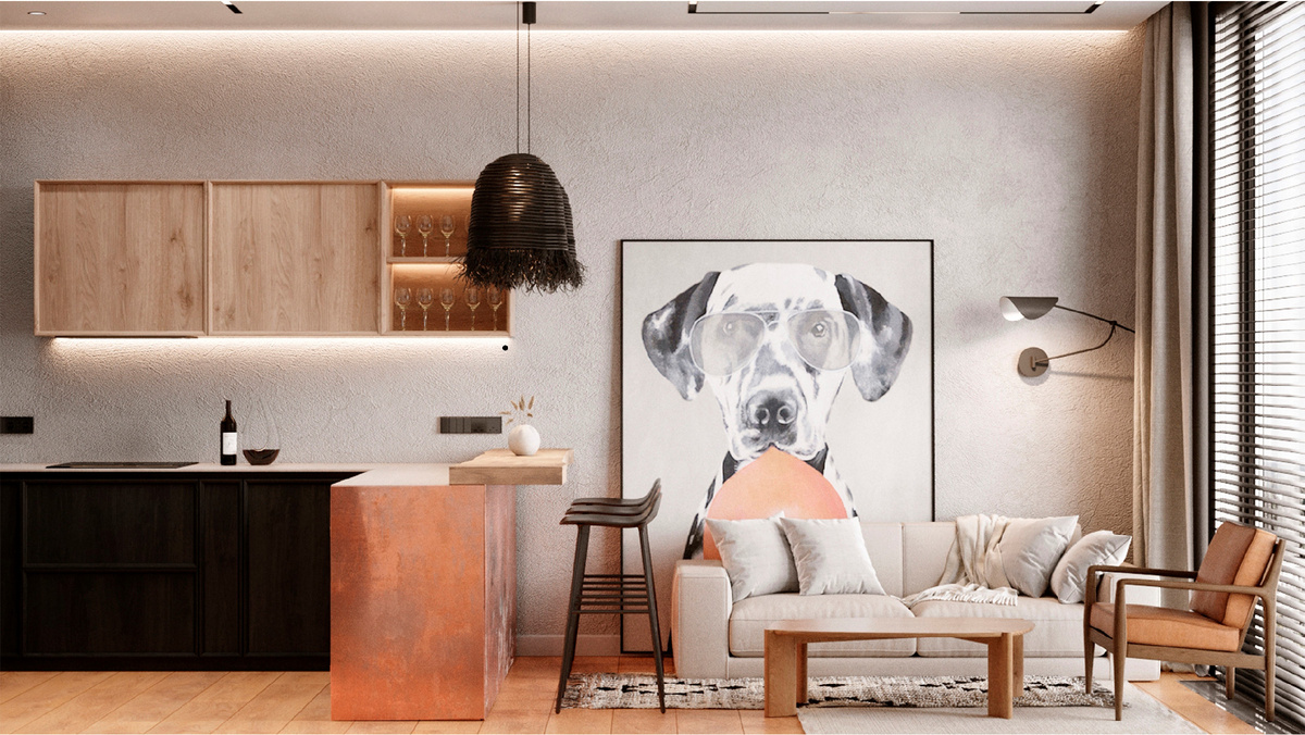 Кухня-гостиная. Пожелания заказчиков - минимум вещей на поверхностях, все спрятано. Поэтому каждая вещь в этом интерьере выполняет свою роль, а не простаивает без дела.