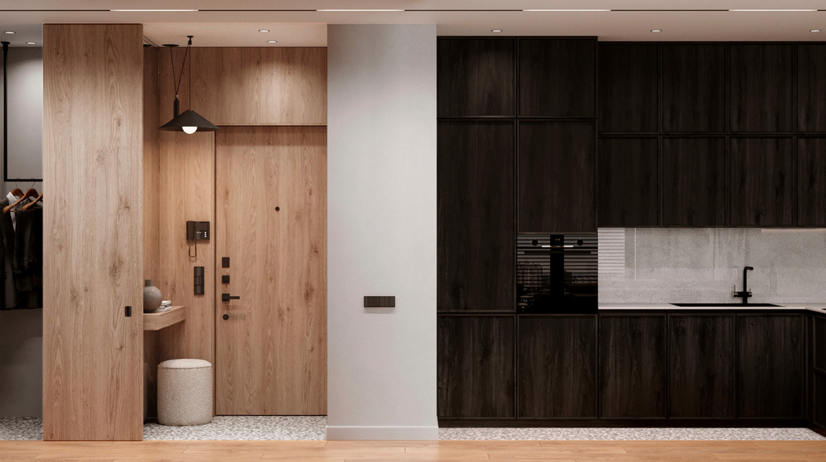 Справа - вид на зону готовки. Ох, уж эти фасады кухни! Слева - вид на прихожую.
Если обратить внимание, то можно отметить, что вся корпусная мебель до потолка. Что означает - ни один см площади не остается не использованным. Все в дело. На антресолях храним то, что не используется слишком часто, возможно, сезонно. Тем самым высвобождается место для воздуха в квартире.