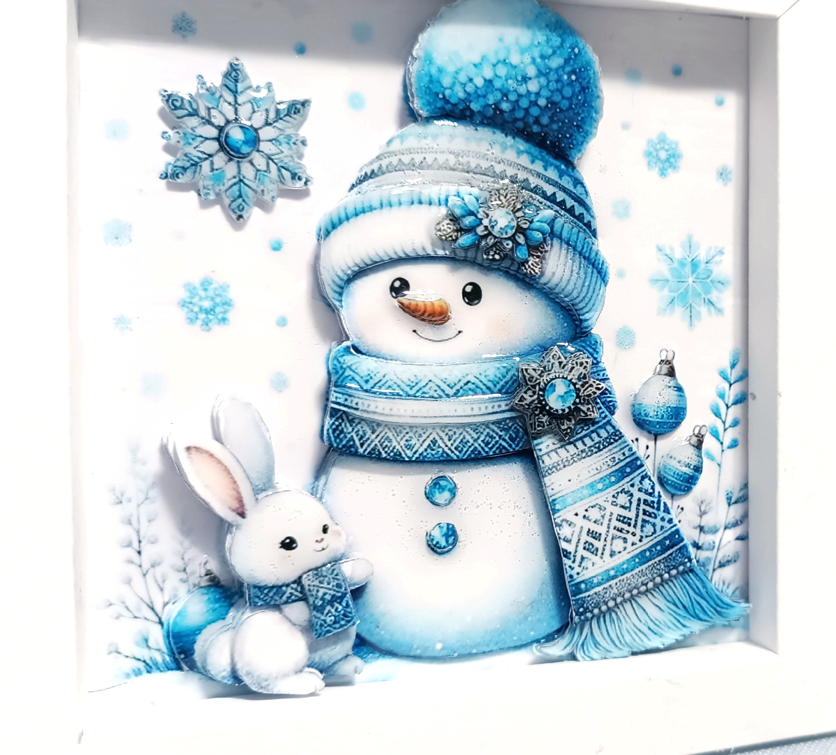 Смотрите, снеговик и зайчик как будто стоят на объемной рамке