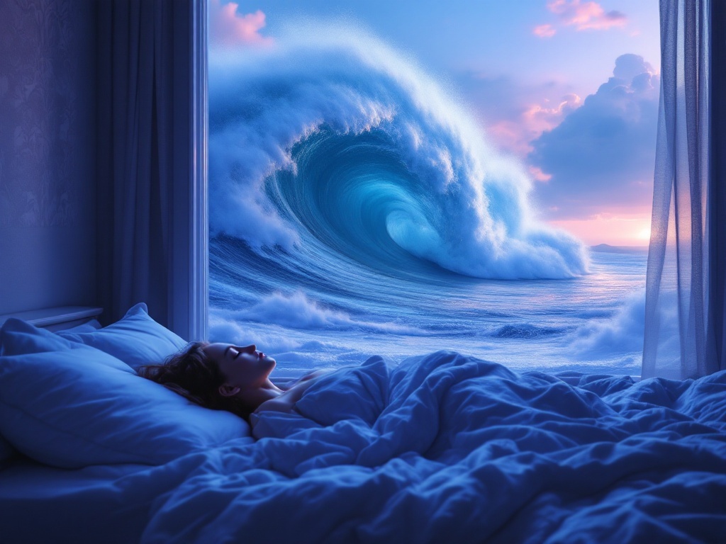    К чему такое снится: На картине изображена фигура человека, стоящего у окна в помещении, через которое виден приближающийся к берегу гигантский вал океанической волны, готовый накрыть вс