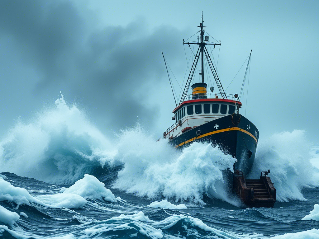 Иллюстрация к рассказу о спасении рыболовного траулера "Магнитогорск" (нейросеть)