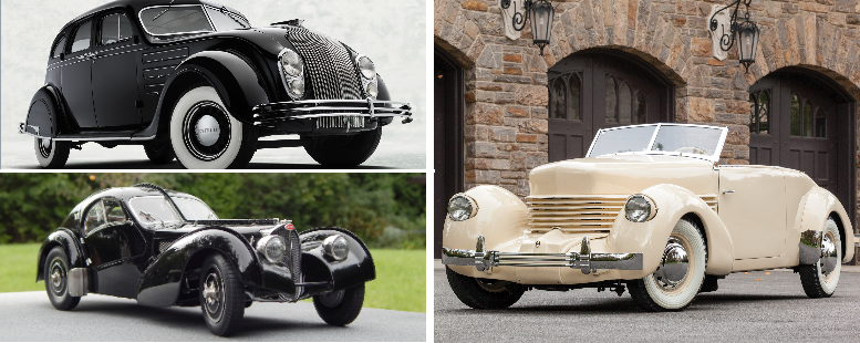 1.Chrysler Airflow, 2.Bugatti Type 57SC Atlantic, 3.Cord 810/812